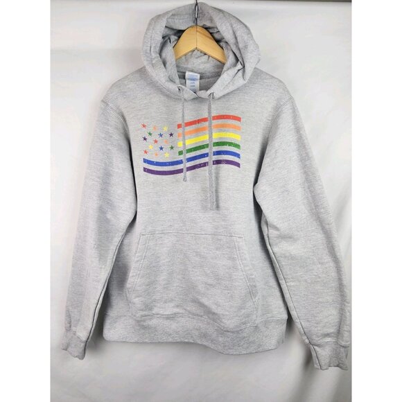 Rainbow American Flag Hoodie Sweatshirt Adult Size Medium Gray Pride LGBTQ Shirt - Picture 11 of 11
